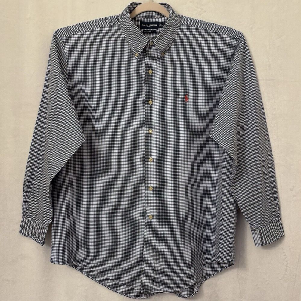 Ralph Lauren‎ Golf Classic Fit XL Long Sleeves Button Down Blue Gingham Red Pony